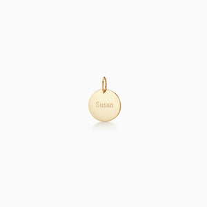 Front of 1/2 inch 14k Yellow Gold Disc Charm Pendant Engraved with a Name