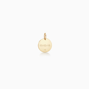 Back of 1/2 inch 14k Yellow Gold Disc Charm Pendant with Diamond Cross Engraved with a Date