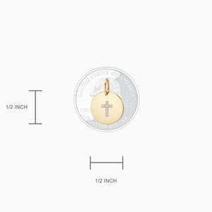 Dimensions and Size of 1/2 inch 14k Yellow Gold Disc Charm with Diamond Cross (Engravable)