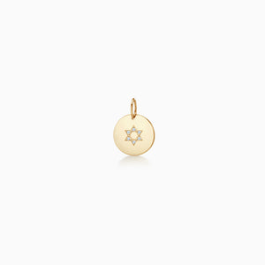 1/2 inch 14k Yellow Gold Disc Charm Pendant with Diamond Star of David - Engravable