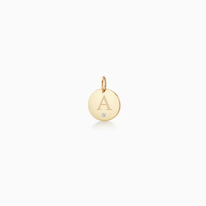 1/2 inch 14k Yellow Gold Disc Charm Pendant with Single Diamond - Engraved with a single initial