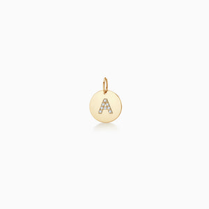 Engravable 1/2 inch 14k Yellow Gold Disc Charm Pendant with Diamond Initial A