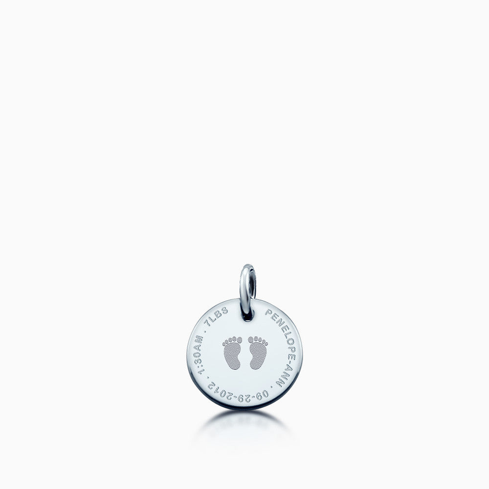 7/8 inch, Sterling Silver Custom Engraved Baby Footprint Disc Charm for Bracelets